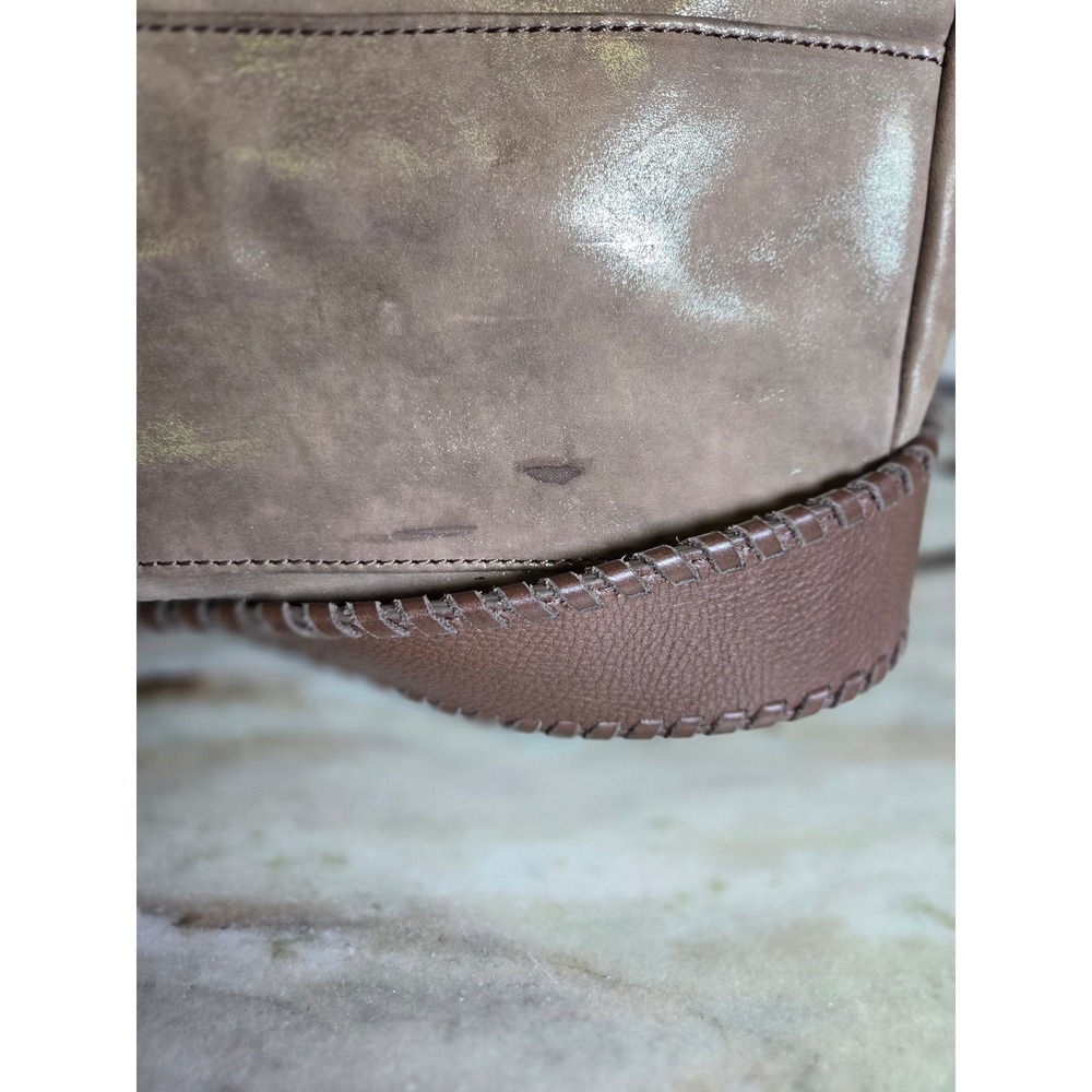 HOBO Taupe Metallic Leather Fringe Satchel Crossbody Velvet Hide Leather Western - Picture 8 of 16